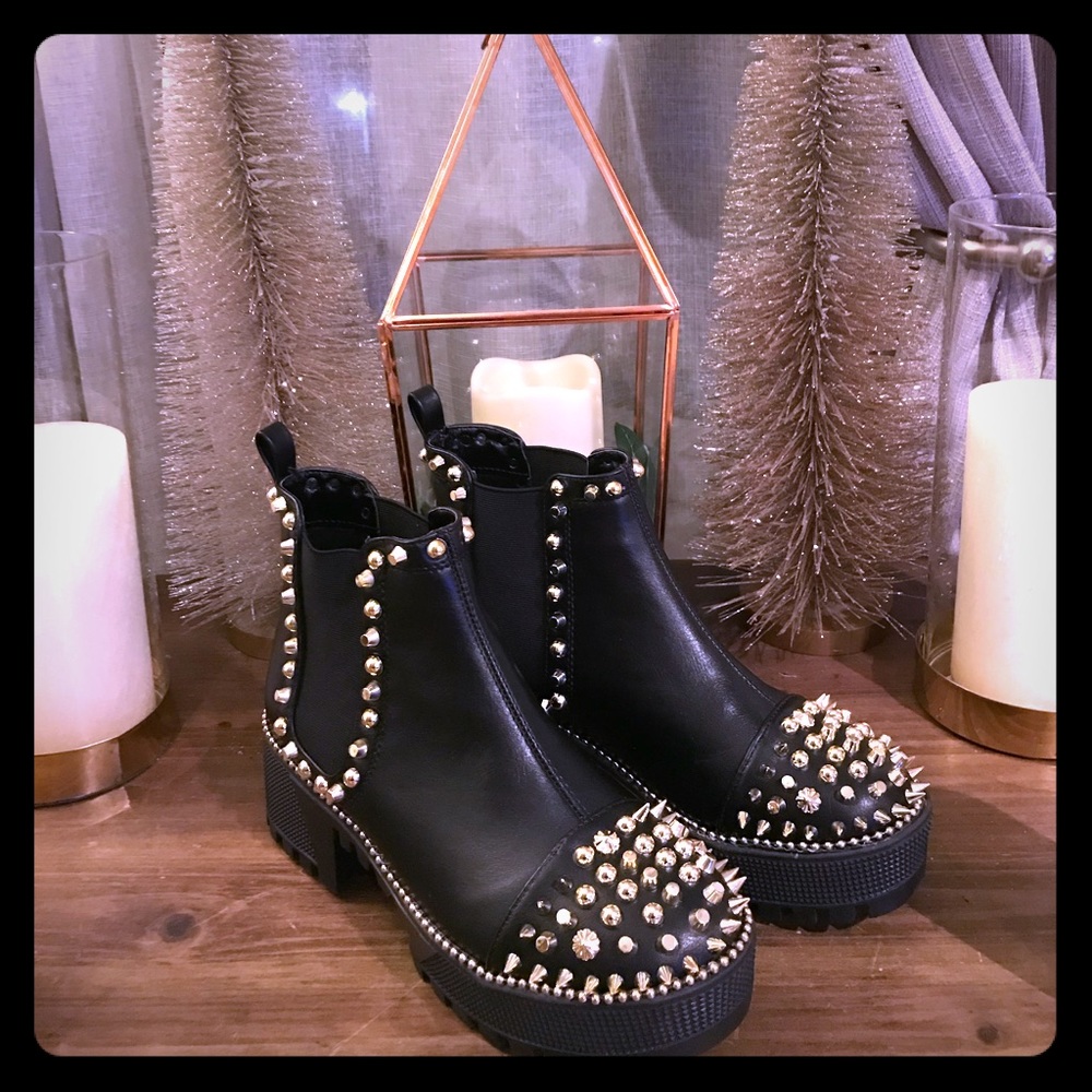 Spiky gold rager black vegan leather platform boot